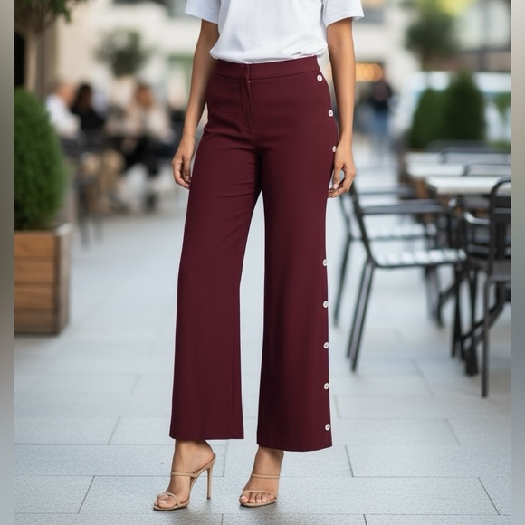 LA LIGNE Women’s Flowy Viscose Burgundy Pants with Button Accents sz 2 tearaway - Picture 1 of 11